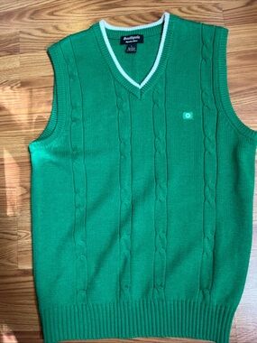 Southpole Green V-Neck Cable Knit Sweater Vest with White Trim